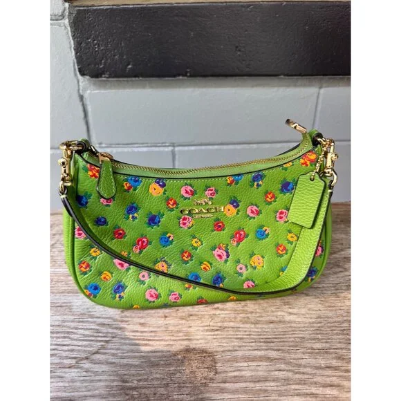 Coach Teri Shoulder Bag With Mini Vintage Rose Print Neon Green - Picture 1 of 10